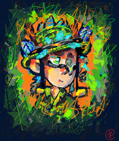 Drawing of a soldier surrounded by rather abstract leaves. The background of the subject is bright orange while the image border is dark blue. There are bright scribbles framing the subject. One of the subjects eyes is melting