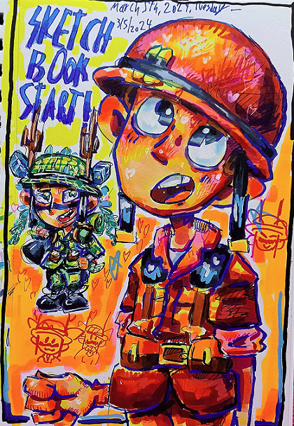 Drawing of an Orange Star soldier from Advance wars and small other non-Advance Wars soldier to the left with text that says 'Sketch book start!'
