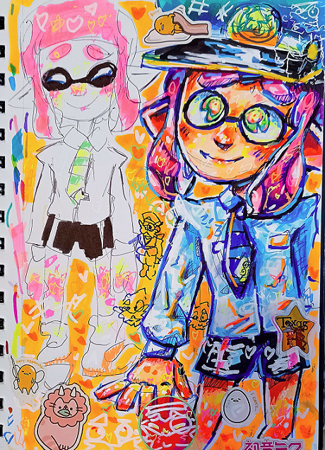 Drawing of an inkling from Splatoon with a much more loose drawing of the same inkling to the left. Page covered in stickers
