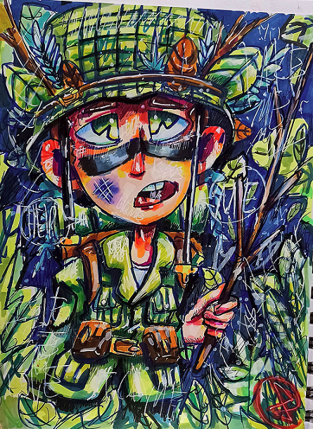 Drawing of a soldier in some leaves