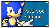 Stamp of sonic the Hedgehog that reads 'I see you sinning'