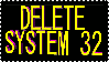 A stamp with 3d spinning text that reads 'DELETE SYSTEM 32'