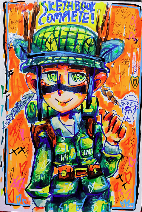 Drawing of a soldier with text that says 'End of sketchbook!'