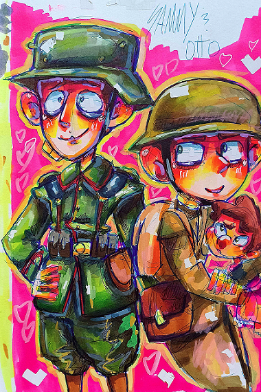 Drawing of WW1 era British and German soldiers standing next to eachother