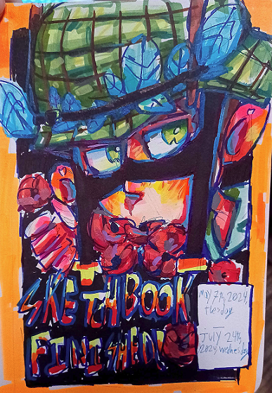 Drawing of soldier with flowers and text that says 'Sketchbook Finished!'