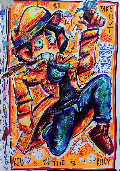 Drawing of Grit from Advance Wars. Takes up entire sketchbook page. Small doodle of Colin, also from Advance Wars, to the right. Seemingly random words and phrases written around subject.