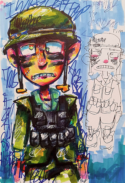 drawing of a cross-eyed soldier with a second sketch of the same character to the right