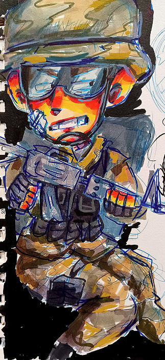 Drawing of a soldier on a black background holding a gun