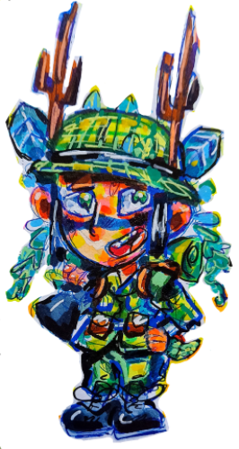 A chibi soldier holding a gun over his shoulder